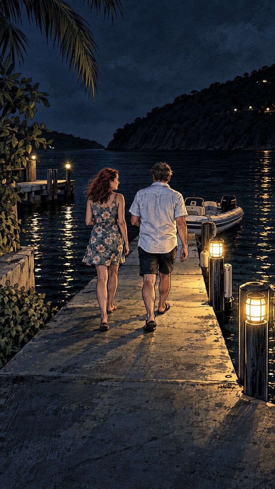 Illustration: a dinghy with two people leaving a lit dock into a dark bay at night