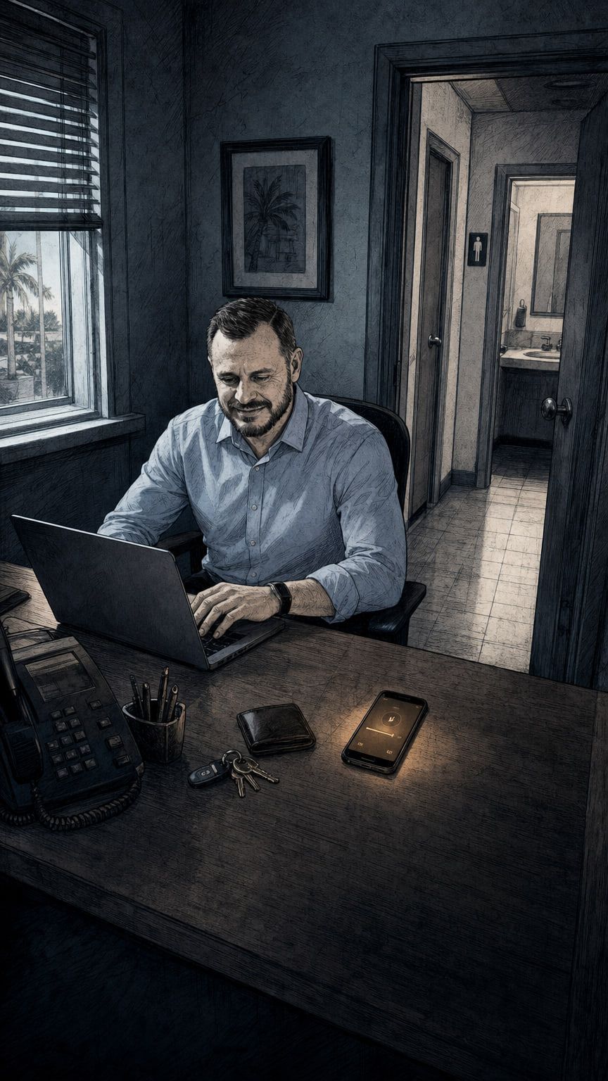 Illustration: an empty office desk with an open laptop showing an unfinished email