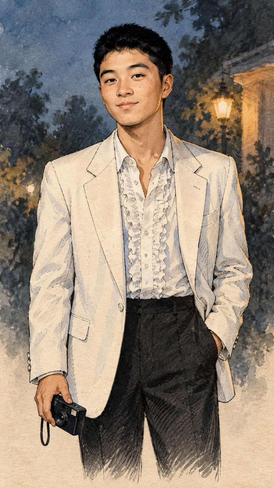 Illustration: a smiling teenager in a white disco-style jacket holding a camera on a suburban street at dusk