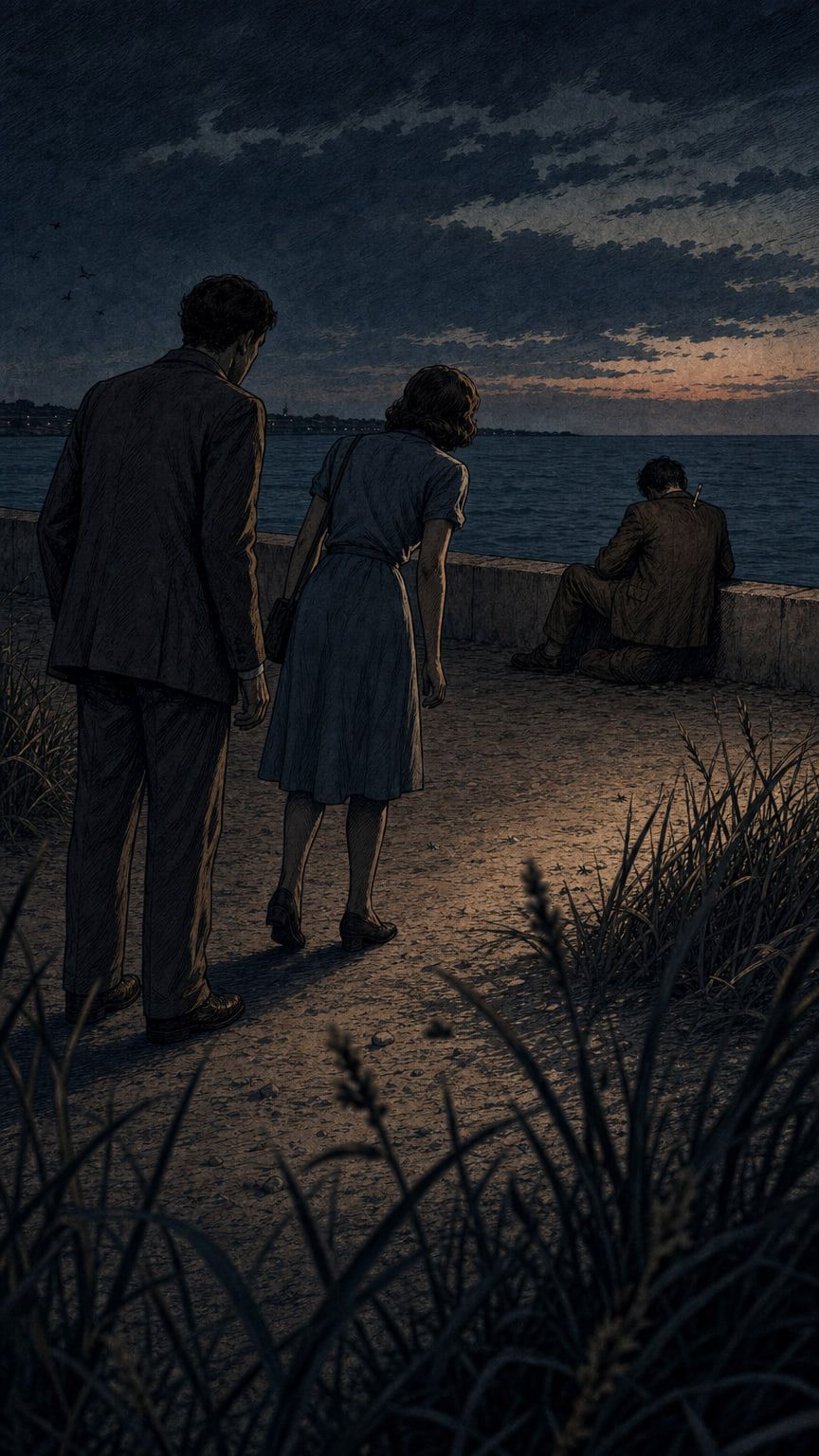 Illustration: a man and a woman at dusk looking toward a figure slumped against a seawall by the sea