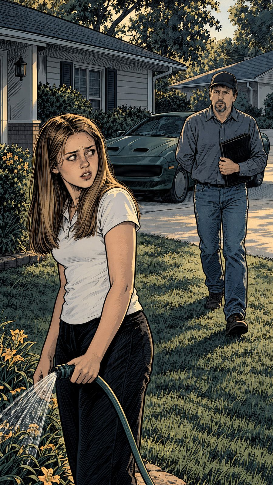 Illustration: a teenage girl watering plants in a suburban front yard in morning light as a car turns into the driveway behind her