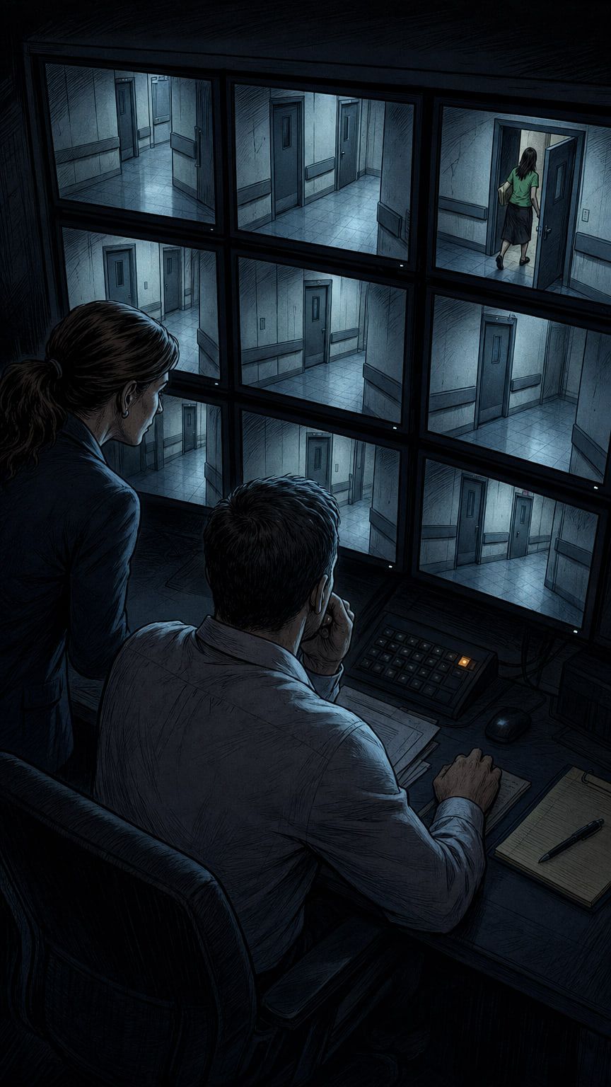 Illustration: two people in a dark security office watching a wall of monitors, one showing a young woman walking through a doorway