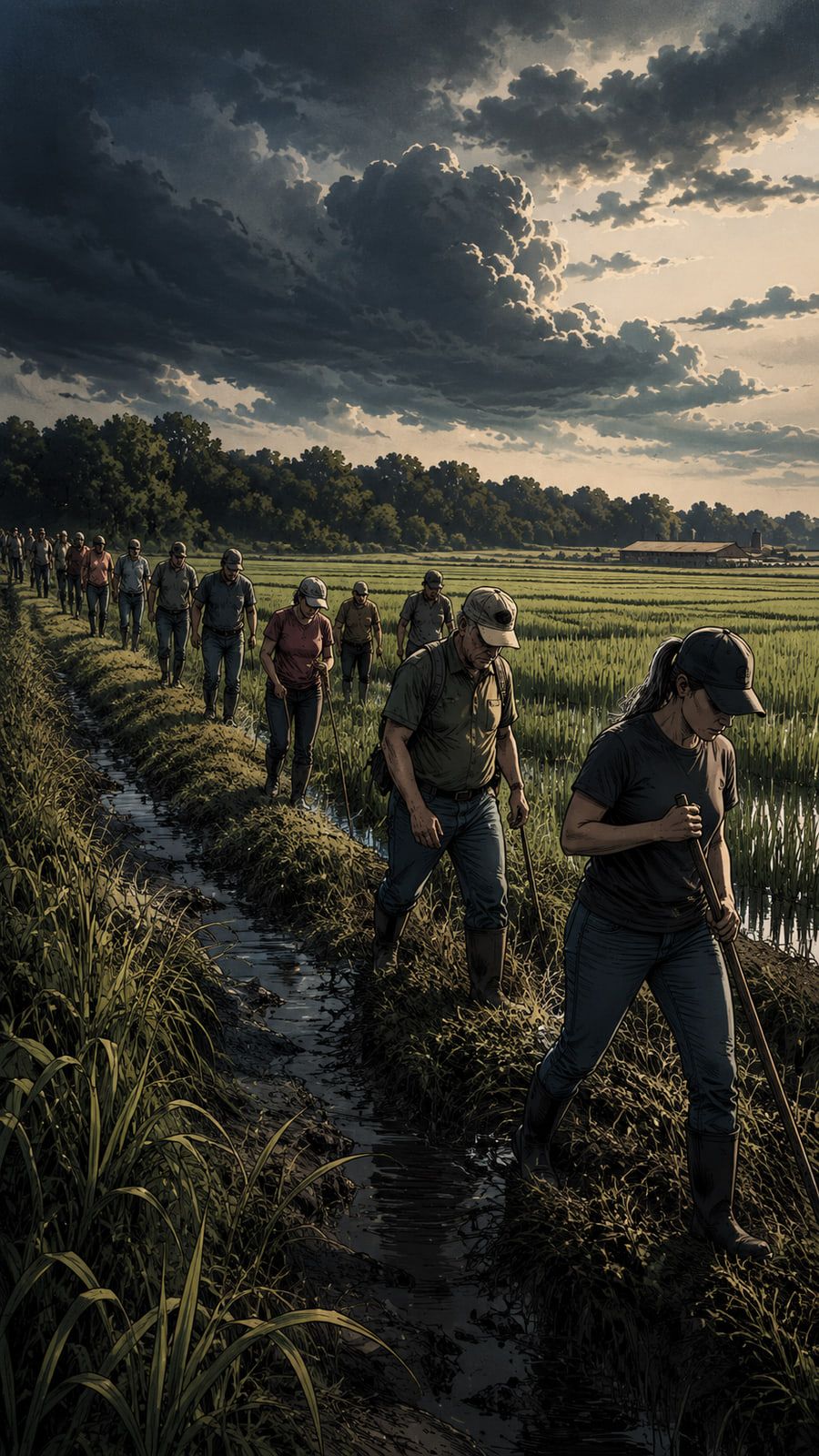 Illustration: a line of volunteers with flashlights searching a flat Arkansas field at dusk