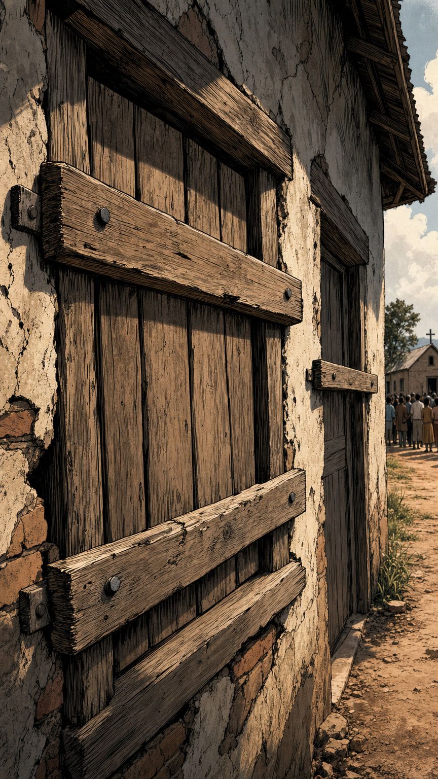 Illustration: the outside of a rural church at dawn, its door and window boarded over with rough planks