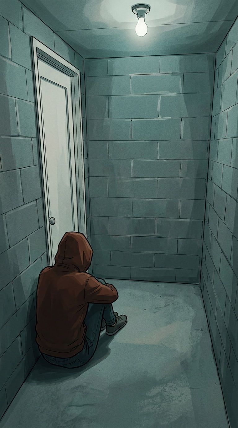 Illustration from the episode: victim inside cell, The Cinder-Block Cell