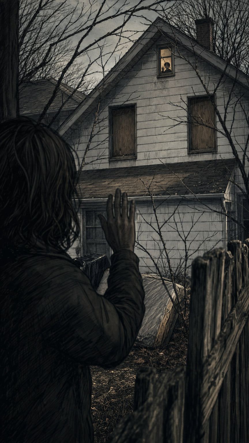 Illustration: a small figure seen from behind, waving toward a lit upstairs window of a weathered house with boarded windows