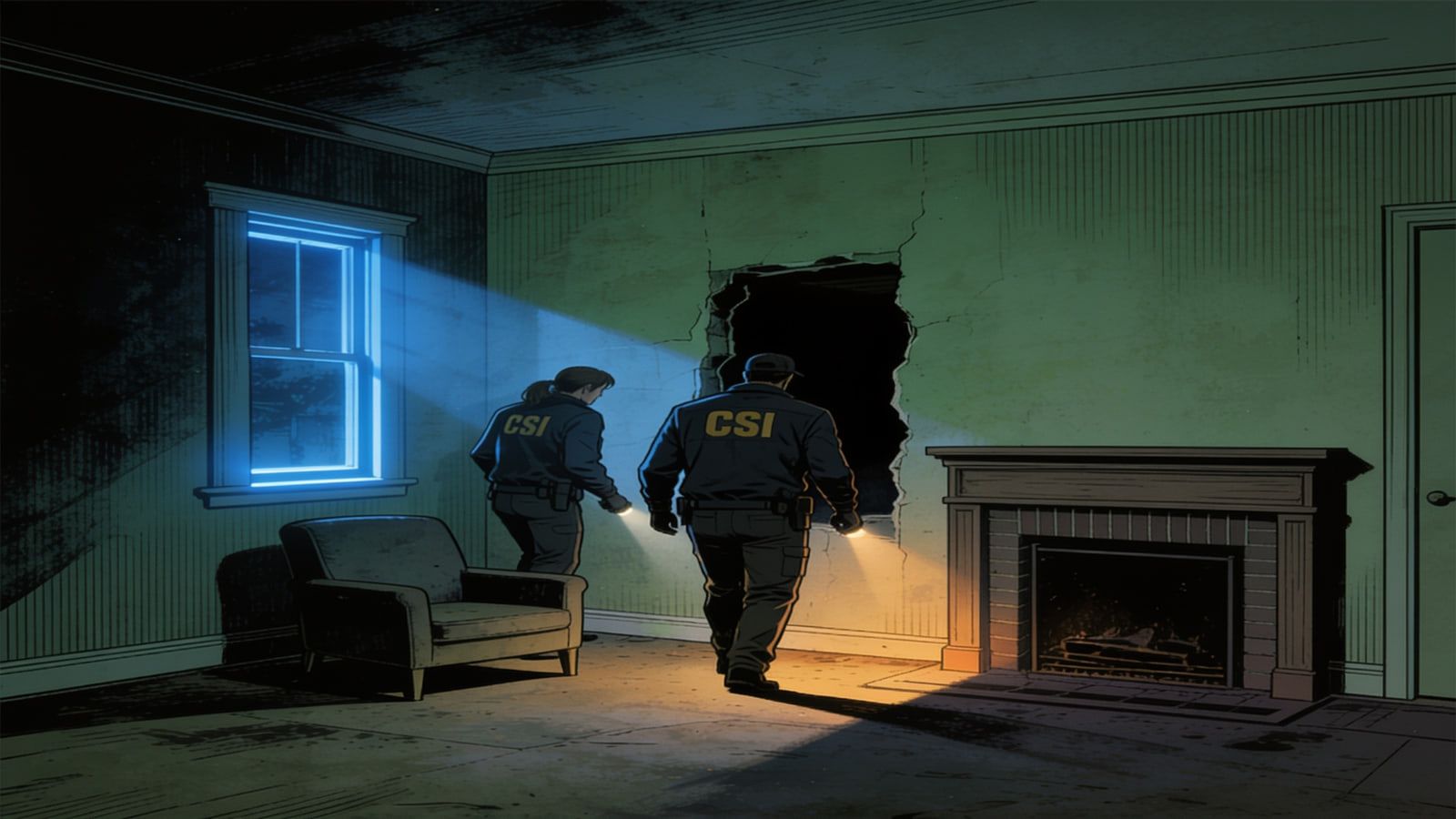 Illustration: a flashlight beam crossing the dark interior of a house during a search